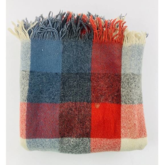 Faribault Woolen Mill Other - Faribault Woolen Mill Blanket Throw Plaid Fringed Blue Orange Cream FLAWS USA Wo